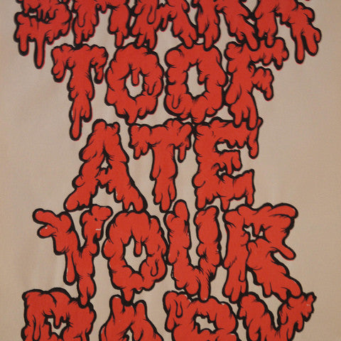 Dripping blood-style text reads, SHARK TOOF ATE YOUR BABY in bold street art fashion. Red letters with black shadows create a striking effect, ideal for fans of Shark Toofs iconic signed prints.