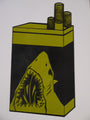 A fine art print creatively reimagines a cigarette pack as Shark Toofs open mouth, featuring sharp teeth and a rugged interior. The sharks body forms the pack, while cigarettes mimic smokestacks—an exquisite example of hand-printed artistry from Shark Toof.