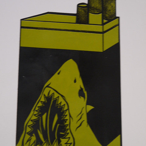 A fine art print creatively reimagines a cigarette pack as Shark Toofs open mouth, featuring sharp teeth and a rugged interior. The sharks body forms the pack, while cigarettes mimic smokestacks—an exquisite example of hand-printed artistry from Shark Toof.