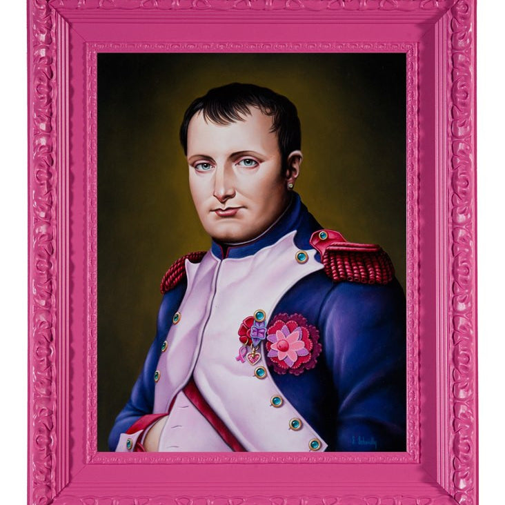 An acrylic portrait of Mr. Bonaparte in military uniform with epaulettes and medals, set against a dark background. Enclosed in a pink ornate frame, it captures Scott Scheidlys signature style.