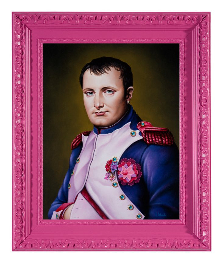An acrylic portrait of Mr. Bonaparte in military uniform with epaulettes and medals, set against a dark background. Enclosed in a pink ornate frame, it captures Scott Scheidlys signature style.