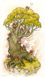 A whimsical illustration by Nicole Gustafsson features a large, gnarled tree with yellow-green foliage, small red-roofed houses, and windmills nestled in its branches. A stone path leads to the base, all set against a backdrop of soft pastel hues.