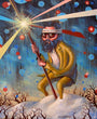 A painting by Lucas Gluesenkamp features the enigmatic Baumersquatch, a bearded man in a suit and sunglasses with a headband, holding a glowing staff amid snowy ground and bare trees. Vivid beams and circles light up the sky, all within Lucas Gluesenkamps custom wax frame.