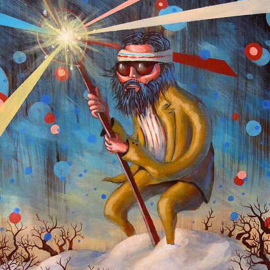 A painting by Lucas Gluesenkamp features the enigmatic Baumersquatch, a bearded man in a suit and sunglasses with a headband, holding a glowing staff amid snowy ground and bare trees. Vivid beams and circles light up the sky, all within Lucas Gluesenkamps custom wax frame.