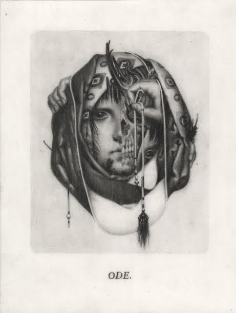 João Ruas ODE, featured in the Supersonic Electronic Invitational, shows a face partly obscured by ornate fabric with symbols and a hand holding pendant-adorned cloth. The monochromatic piece merges human and skeletal elements.