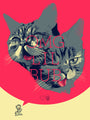 Limited edition poster by Oliver Barrett showcases two expressive cats on a vibrant red background with the text OMG LIL BUB and playful icons of a heart and cartoon character.