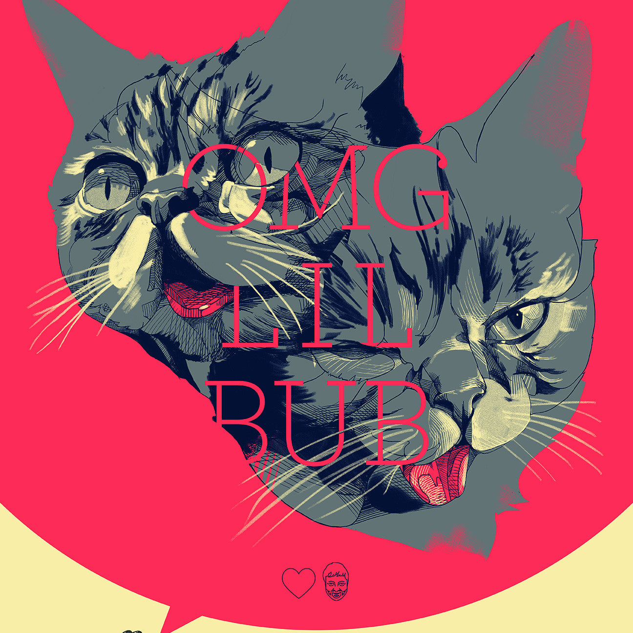 Limited edition poster by Oliver Barrett showcases two expressive cats on a vibrant red background with the text OMG LIL BUB and playful icons of a heart and cartoon character.