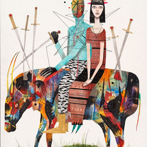 Ken Gardunos abstract artwork features two stylized figures with geometric traits on a colorful bull. One figure wears a crown, while multiple swords pierce the scene. The mixed media piece is crafted on mounted paper against a plain backdrop, accentuating the vibrant patterns.