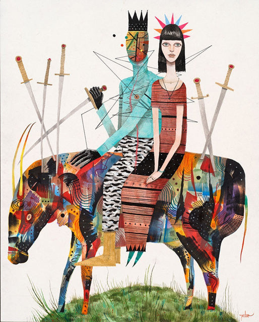 Ken Gardunos abstract artwork features two stylized figures with geometric traits on a colorful bull. One figure wears a crown, while multiple swords pierce the scene. The mixed media piece is crafted on mounted paper against a plain backdrop, accentuating the vibrant patterns.