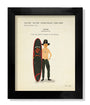 A giclee print by Max Dalton shows a person in hat and sunglasses confidently beside a surfboard with a military logo. Its custom-framed, hand numbered, and features “I love the smell of napalm in the morning,” capturing adventure inspired by the famous movie quote.