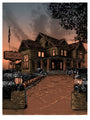 Illustrated image by Tim Doyle: a large vintage funeral home at sunset, surrounded by bushes and glowing lamps along the brick path to the entrance. An American flag waves beside a sign, capturing timeless elegance like a screen print.