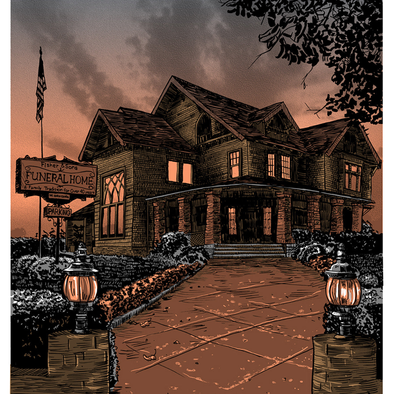 Illustrated image by Tim Doyle: a large vintage funeral home at sunset, surrounded by bushes and glowing lamps along the brick path to the entrance. An American flag waves beside a sign, capturing timeless elegance like a screen print.