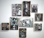 Mixed media artworks by Eddie Colla adorn the wall, showcasing masked figures against urban backdrops. Each hand-painted edition blends cityscape elements and layered textures, predominantly in blue and gray tones.