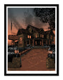 Tim Doyles signed and numbered screen print illustrates a vintage funeral home at dusk, featuring a large, eerie house with a flagpole and Funeral Home sign under an overcast sky. Two lamps on brick pedestals flank the entrance path.