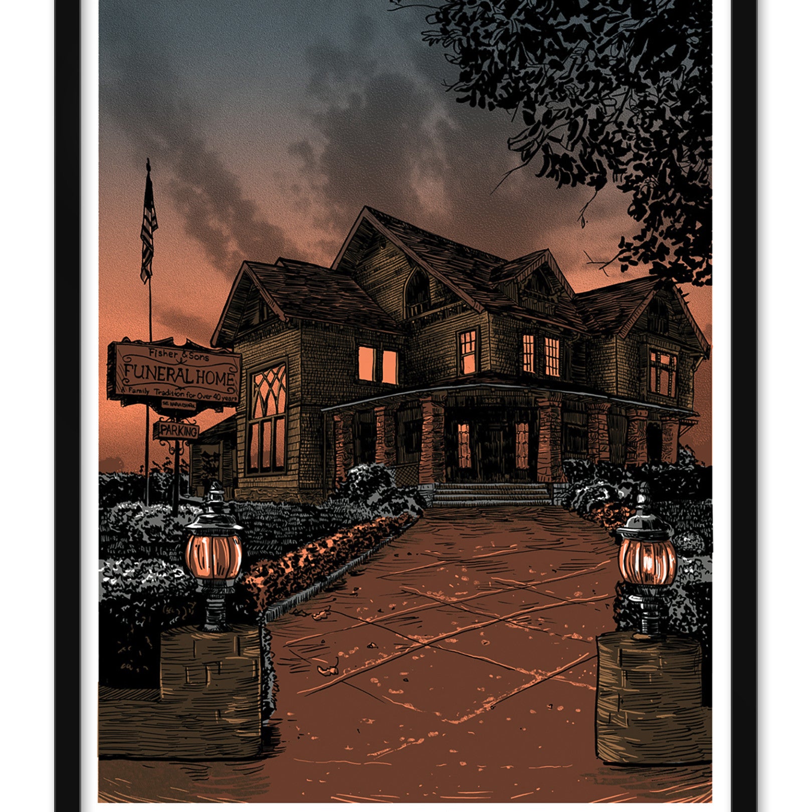Tim Doyles signed and numbered screen print illustrates a vintage funeral home at dusk, featuring a large, eerie house with a flagpole and Funeral Home sign under an overcast sky. Two lamps on brick pedestals flank the entrance path.