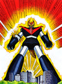 A towering Joemur robot with a red chest and yellow accents, resembling a futuristic Manzinga, stands in a fiery backdrop. Its clenched fists and bright light highlight its imposing presence over the buildings and trees below.
