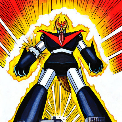 A towering Joemur robot with a red chest and yellow accents, resembling a futuristic Manzinga, stands in a fiery backdrop. Its clenched fists and bright light highlight its imposing presence over the buildings and trees below.