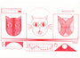 An abstract red and white design by Conrad Crespin features three uniquely stylized cat faces, reminiscent of Schrödinger’s Cat, amid geometric shapes, charts, and interface elements. A hand cursor points to one face among lines and curves, evoking a San Francisco gallery vibe.