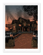 Tim Doyles signed and numbered screen print depicts a Victorian-style funeral home at dusk. A dim path, flanked by lanterns, leads to a Funeral Home sign beneath an orange-tinted sky. Perfect for custom framing to enhance its eerie charm.