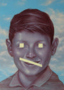 A surreal portrait by Casey Weldon, featuring a realistic boy with short dark hair against a cloudy sky. His eyes and mouth are intriguingly obscured by beige geometric shapes, adding an abstract and enigmatic touch. Showcased at Spoke Art Gallery and painted with acrylic on board.
