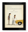 An illustration by Max Dalton depicts two men on a city street, one in a black hat and trench coat, the other in a white suit near a yellow car. Above them reads I’m walking here! I’m walking here! Available as a hand-numbered, fine art giclee print.