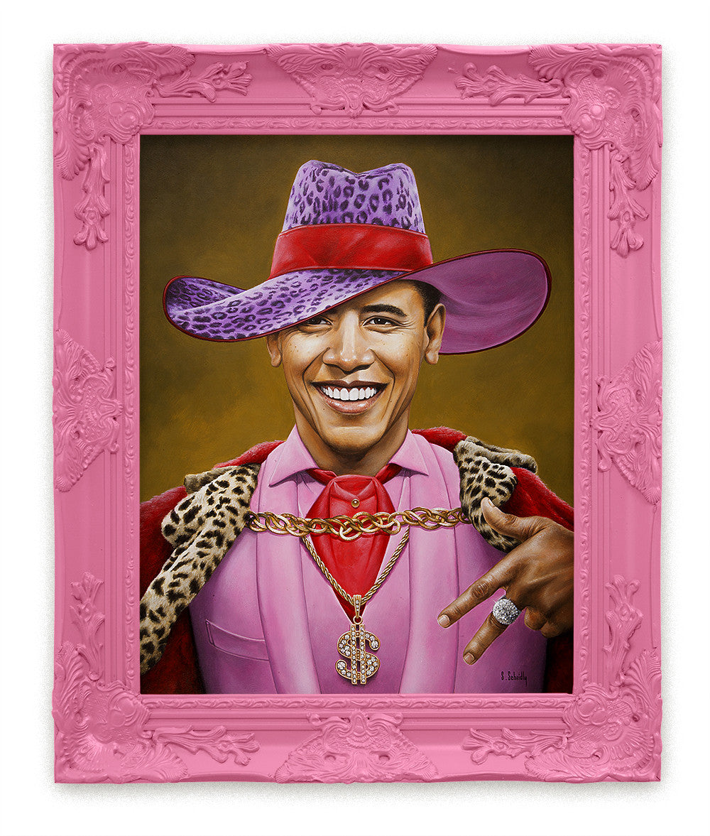 This vibrant acrylic on masonite painting by Scott Scheidly features a smiling man in a purple leopard-print hat, fur coat, pink shirt, and red bow tie. He wears a gold dollar-sign chain, all set within an ornate pink frame.