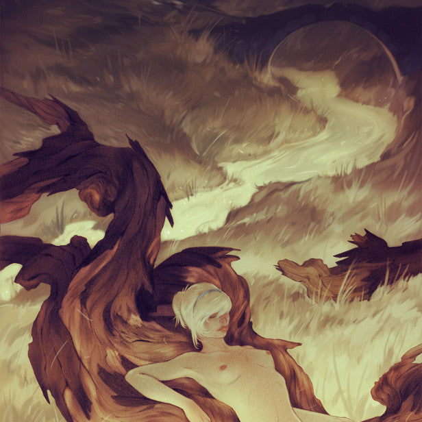 A surreal scene, akin to a Sam Wolfe Connelly artwork, shows a light-haired person, partially unclothed against a twisted tree in moonlight. A winding path leads to Forest Graves under the starry sky. Warm and subdued tones heighten the dreamlike atmosphere.