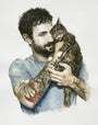 A Christine Hostetler watercolor features a bearded man with curly hair, tattooed arms, and a light blue shirt, lovingly holding a fluffy cat that nuzzles his face. This charming artwork is rumored to appear in a San Francisco gallery, captivating viewers with its warmth.
