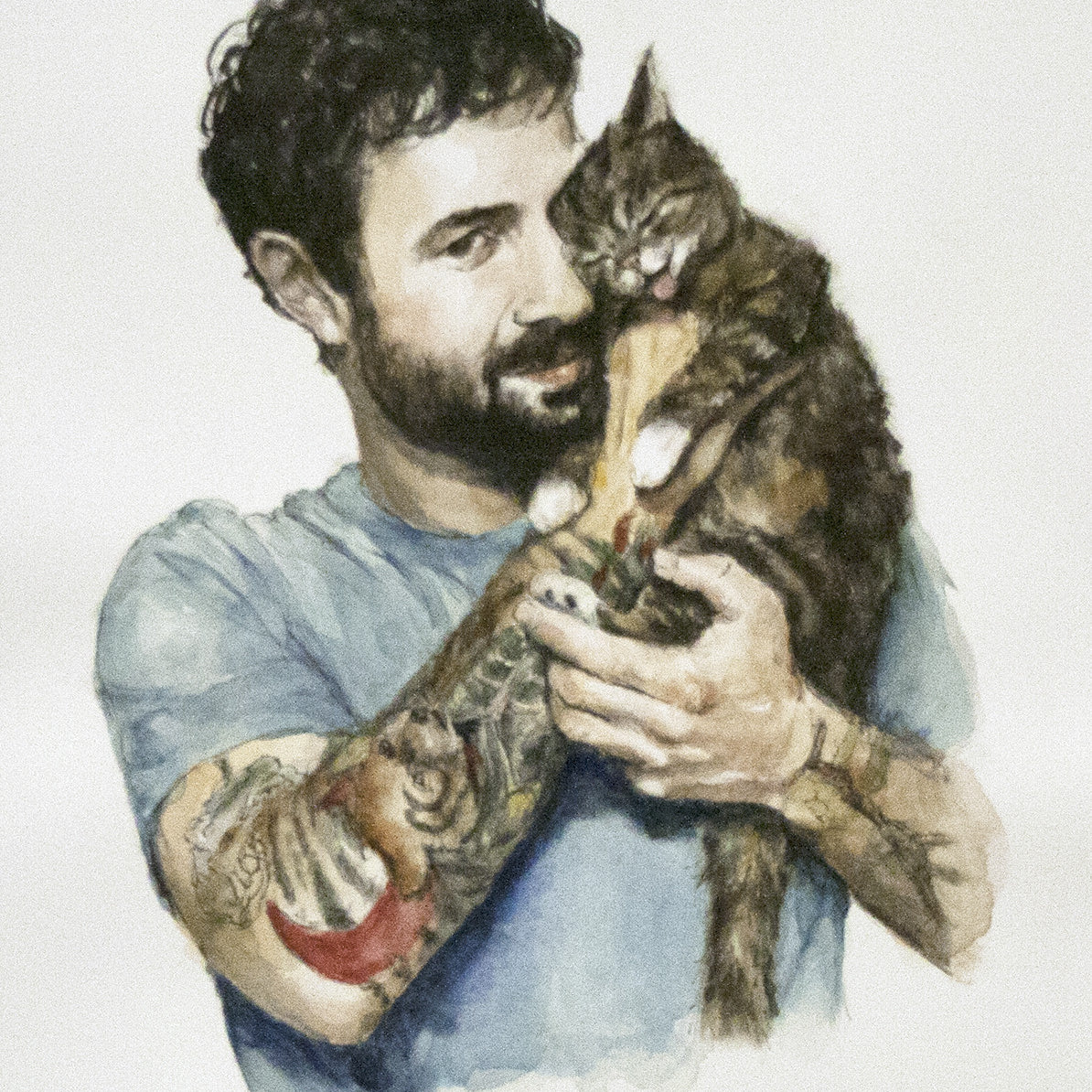 A Christine Hostetler watercolor features a bearded man with curly hair, tattooed arms, and a light blue shirt, lovingly holding a fluffy cat that nuzzles his face. This charming artwork is rumored to appear in a San Francisco gallery, captivating viewers with its warmth.