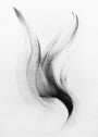 Megan Wolfes Wraith #4 is an abstract black and white drawing in pencil on paper, depicting a graceful, swirling form that resembles flowing fabric or a bird in flight, with smooth, curved lines evoking movement and fluidity.