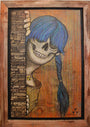 Zoltrons Sue Nami: Harbinger is a striking mixed media piece featuring a blue-braided skull, smiling behind vintage text and graphics. It wears a yellow shirt with a radioactive symbol, set against an abstract earthy-toned background.