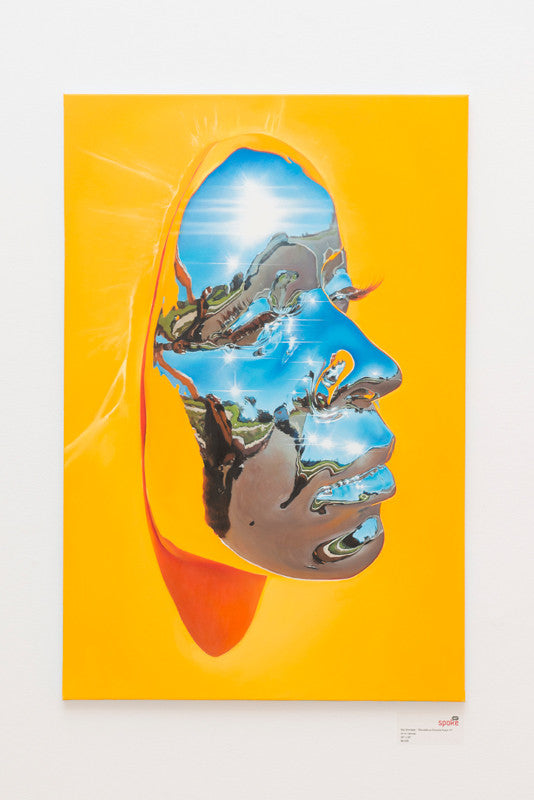 This Kip Omolade art piece, inspired by the Diovadiova Chrome style, blends an orange and yellow backdrop with a persons profile interwoven with sky images—blue skies and lush greens—creating a surreal, dreamlike effect like those seen in Spoke Art exhibitions.