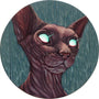 A digital artwork by Casey Weldon showcases a hairless cat with glowing eyes. Its large ears stand out against a textured blue-green background, encircled by a frame that defines its features beautifully.