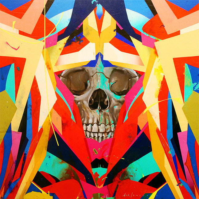 A striking abstract piece by Erik Jones, highlighted in the Supersonic Electronic Invitational, features a detailed skull surrounded by geometric, multicolored shapes like triangles and vivid splashes of red, blue, and yellow.