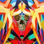 A striking abstract piece by Erik Jones, highlighted in the Supersonic Electronic Invitational, features a detailed skull surrounded by geometric, multicolored shapes like triangles and vivid splashes of red, blue, and yellow.