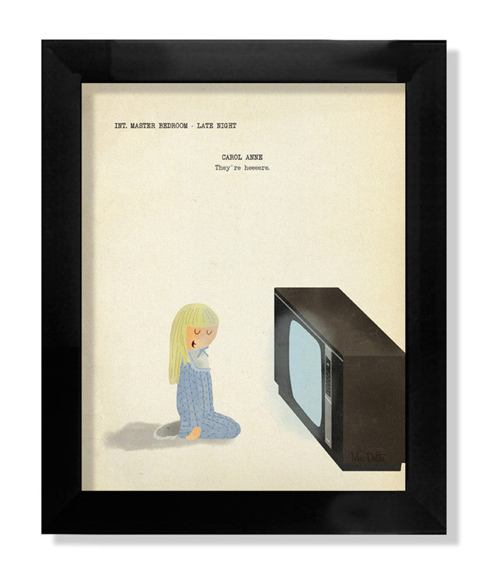 Max Daltons framed illustration depicts a girl in pajamas watching an old TV, with Int. Master Bedroom - Late Night above and Carol Anne, Theyre heeere below. This fine art giclee print is part of a hand-numbered edition.