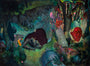Cam Floyds surreal oil-on-wood painting depicts lush greenery, a river, and abstract forms; near the riverbank, a sleeping figure rests amid dreamlike elements such as faces and a mask under a vibrant night sky.