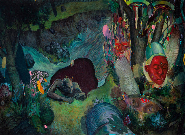 Cam Floyds surreal oil-on-wood painting depicts lush greenery, a river, and abstract forms; near the riverbank, a sleeping figure rests amid dreamlike elements such as faces and a mask under a vibrant night sky.