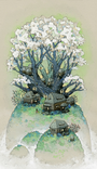 A fantasy illustration of Blossom Hill features a majestic large tree with a white canopy, reminiscent of Nicole Gustafssons style. Lanterns hang from its branches, casting light over small houses below, while paths weave through the serene scene in soft gouache and ink tones.