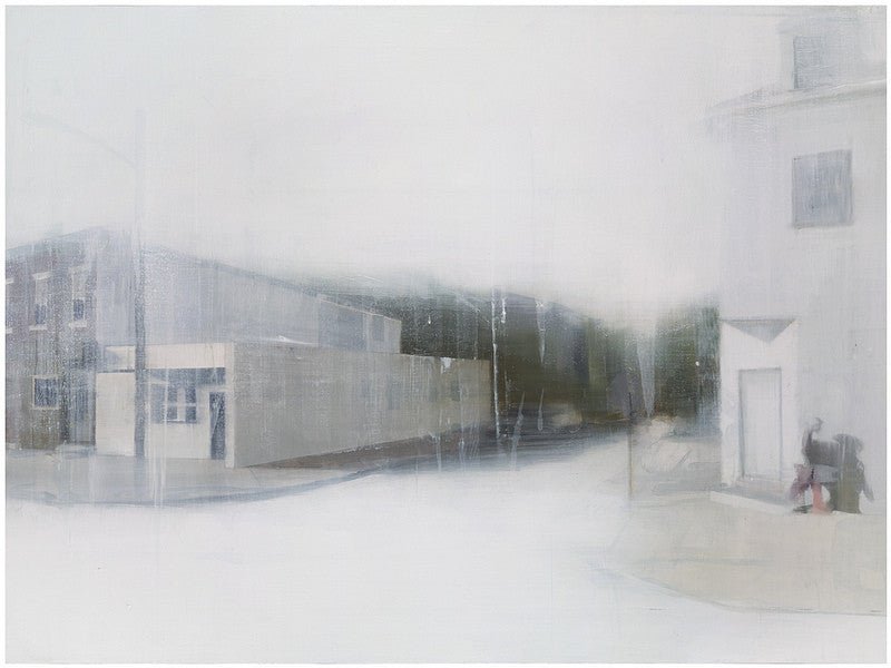 This limited edition Brett Amory fine art giclee features a hazy, abstract street corner scene with indistinct buildings, a blurred figure, and soft muted colors creating an ethereal atmosphere with tree hints in the background.