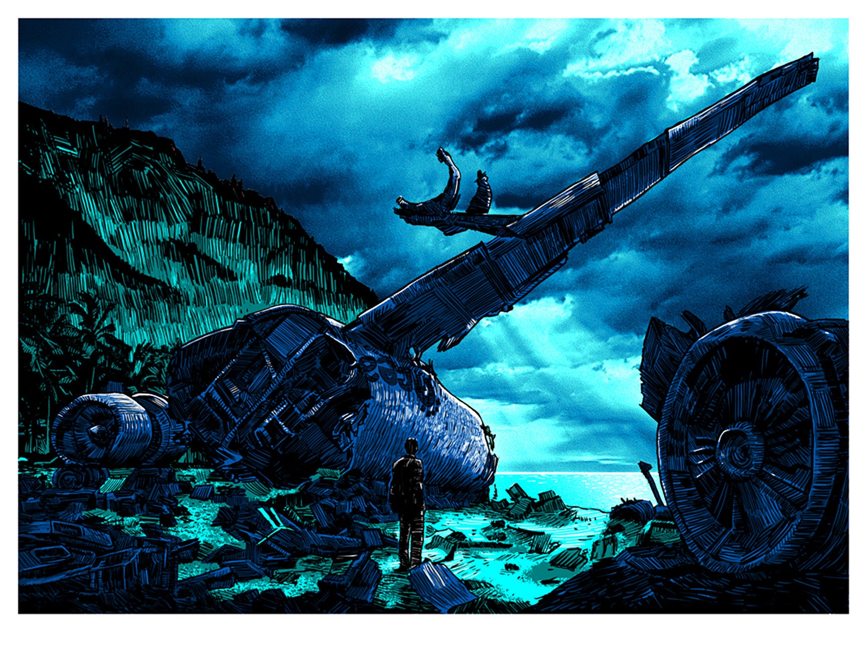 At night, a person stands before a wrecked plane on a rugged shoreline, another perched on the tail. The lost scene resembles a Tim Doyle print, with dramatic clouds casting a haunting blue hue over the landscape.