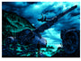 At night, a person stands before a wrecked plane on a rugged shoreline, another perched on the tail. The lost scene resembles a Tim Doyle print, with dramatic clouds casting a haunting blue hue over the landscape.