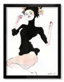 This Conrad Roset piece is an abstract watercolor of a woman in a black dress, enhanced with India ink. It showcases an elongated neck, flower-like headpiece, and expressive pose. The fluid and minimalistic style encapsulates elegance and motion—ideal for framing.