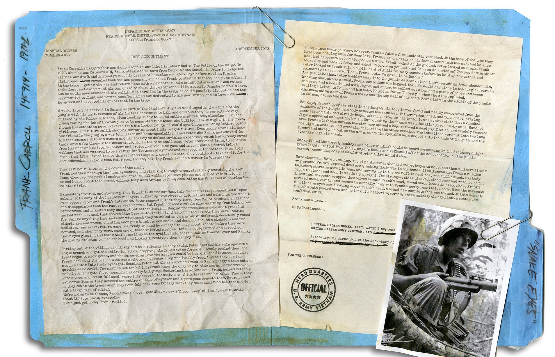 The Private Papers of U.S. Army Service is an aged document showcasing typed text, an Official Use Only stamp, and a black-and-white photo of a rifle-holding soldier in military gear, crafted in Alex Pardees gritty art style. The slightly weathered pages appear clipped together.