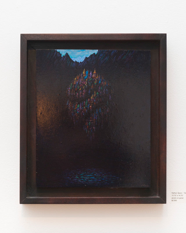 A Nathan Spoor framed painting features vibrant tree-like forms against a dark backdrop with mountains, blue sky at the top, and water at the bottom. An acrylic on panel label is situated to the left of the frame.