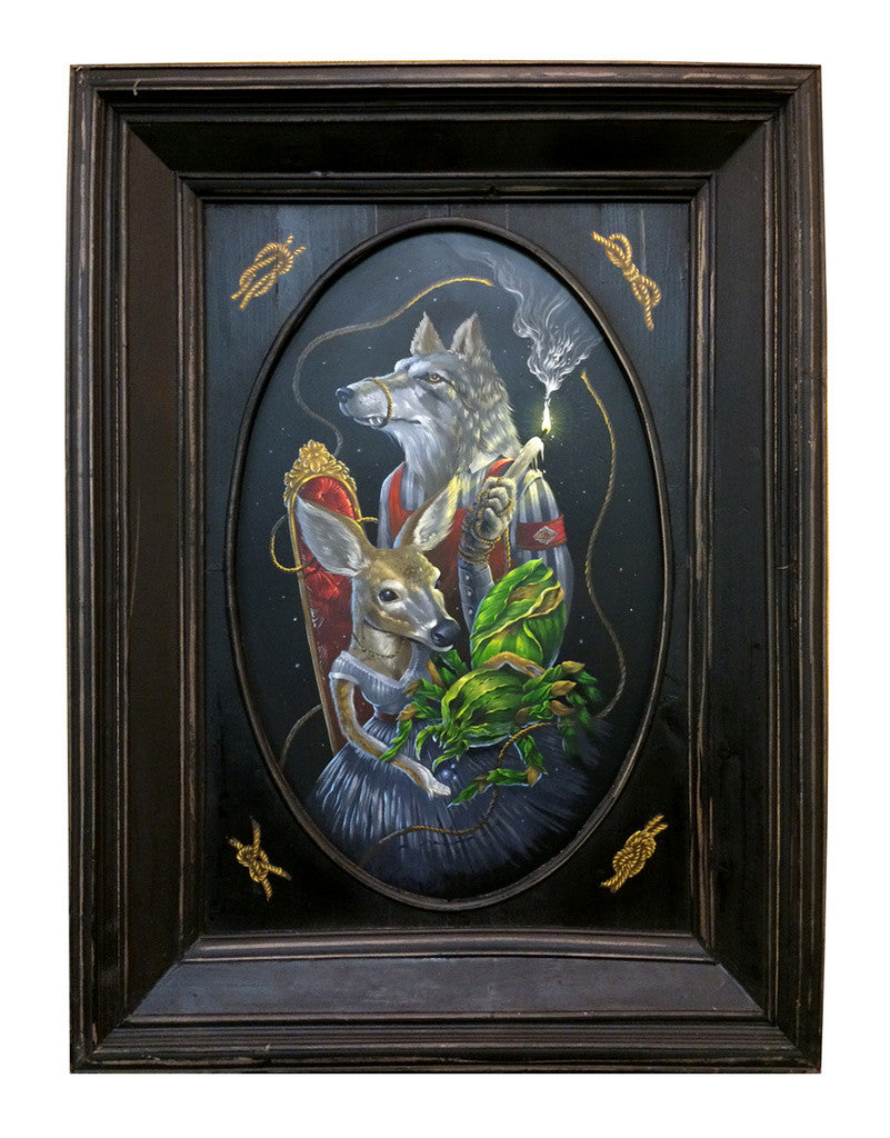 This oval-framed painting by Dan Christofferson, from the Supersonic Electronic Invitational, portrays a wolf with a crown and scepter alongside a deer in regal red cape holding a leafy branch. Dark wood framing features golden insect details.
