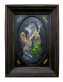 This oval-framed painting by Dan Christofferson, from the Supersonic Electronic Invitational, portrays a wolf with a crown and scepter alongside a deer in regal red cape holding a leafy branch. Dark wood framing features golden insect details.