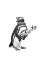 A penguin pencil sketch in Xiau-Fong Wees style shows the creature upright, beak open as if vocalizing, donning sunglasses and wielding a double-barreled gun against a plain white background.