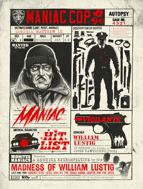 Dive into William Lustigs world with Ghoulish Gary Pullins limited edition retro-style screen print of Maniac Cop, featuring wanted man Cordell Matthew and police silhouettes from the iconic trilogy.