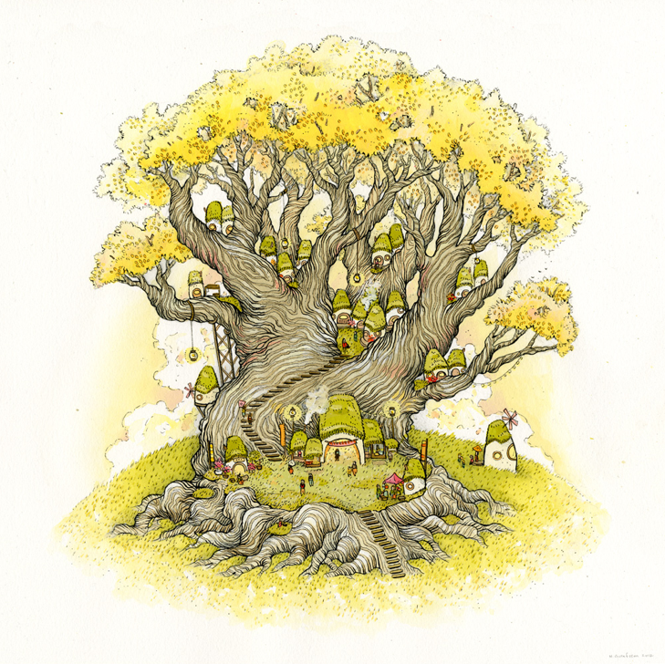 Nicole Gustafssons whimsical gouache and ink artwork portrays a large ancient tree with a sprawling trunk and vivid yellow leaves. Tiny homes with mossy roofs are nestled among the branches, with smoke rising from a chimney, inviting you to the enchanting world of Canary Crossroads.